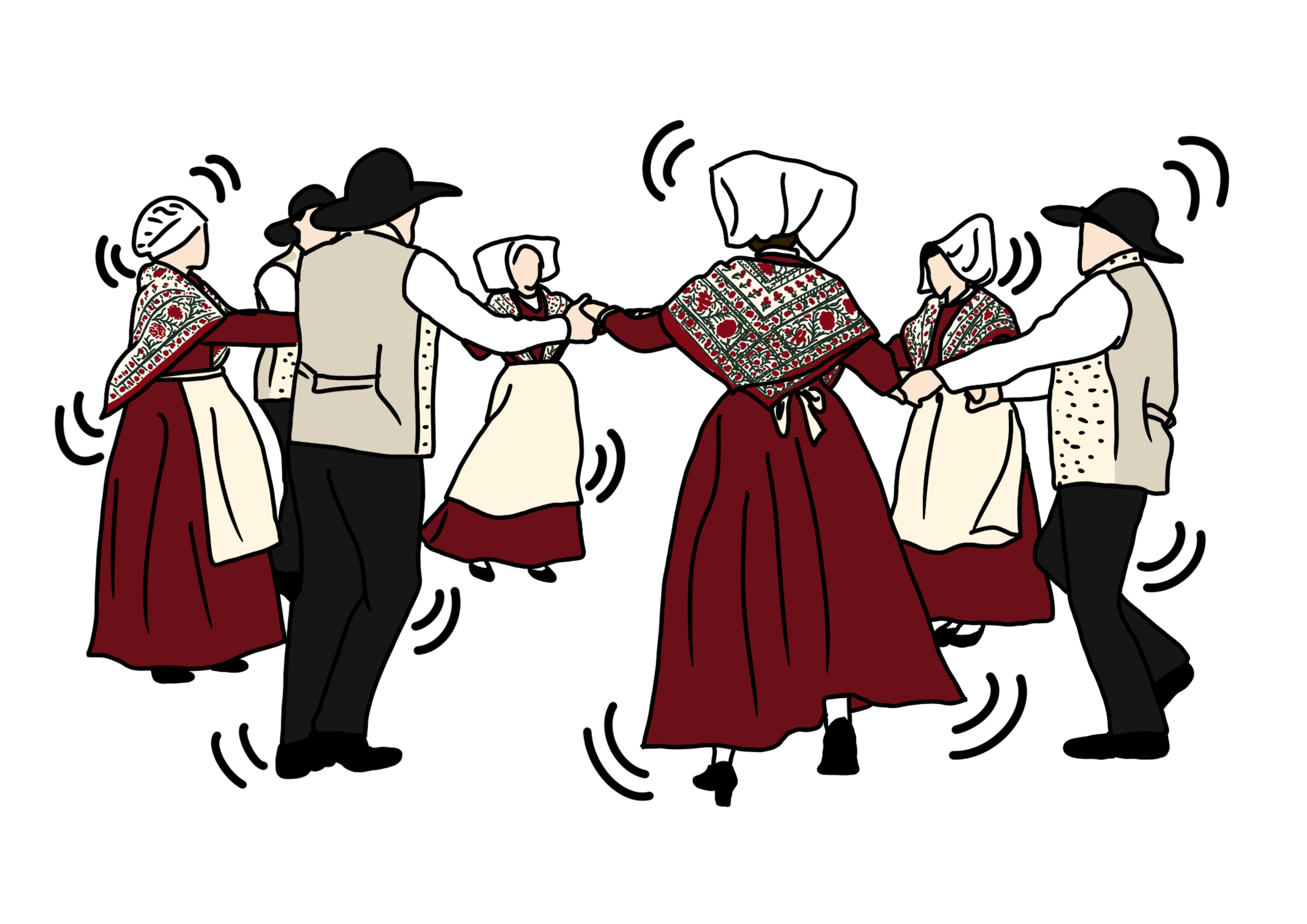 Illustration de danseurs en cercle, costumes traditionnels